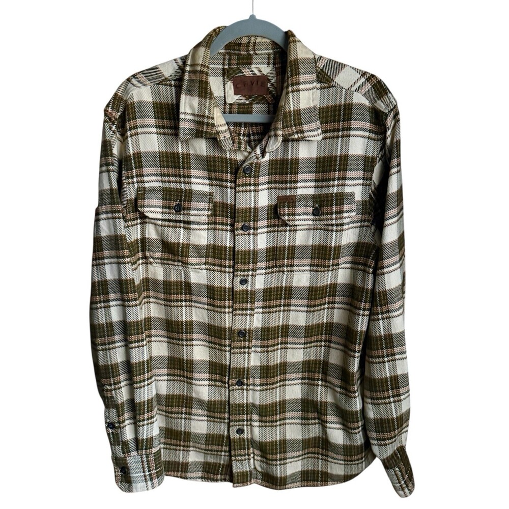 Orvis Men’s Medium Plaid Cotton Flannel Shirt Olive Green Button Front